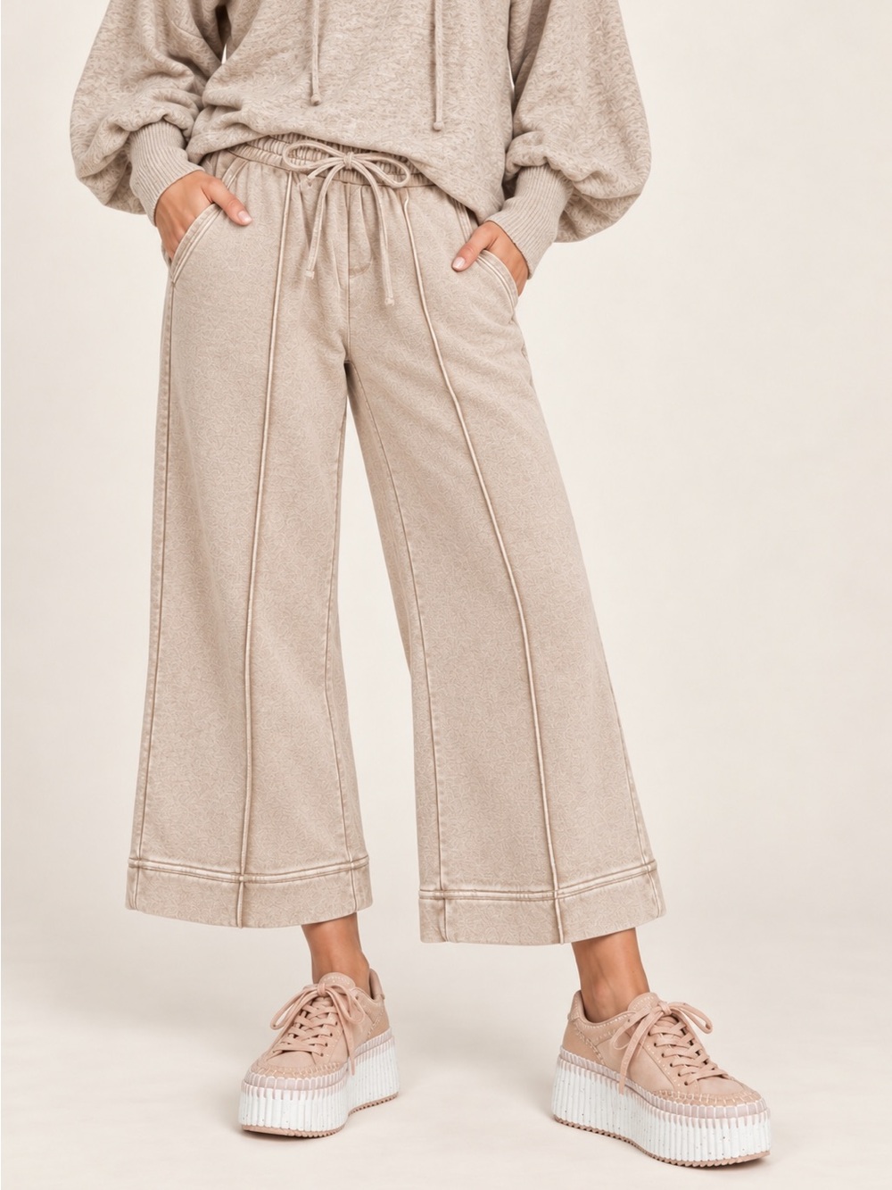 Zenana Ash Mocha Acid Wash Fleece Pintuck Wide-Leg Cropped Pants